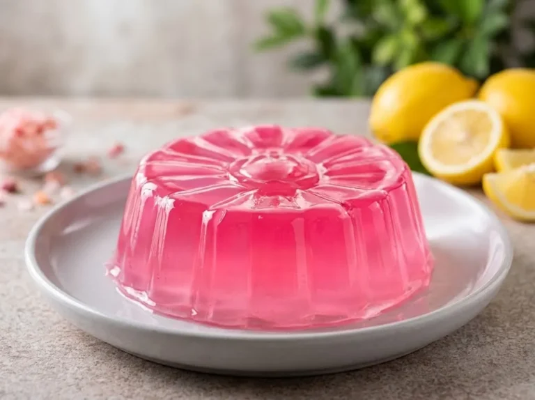 Pink salt gelatin trick recipe dessert with lemon slices