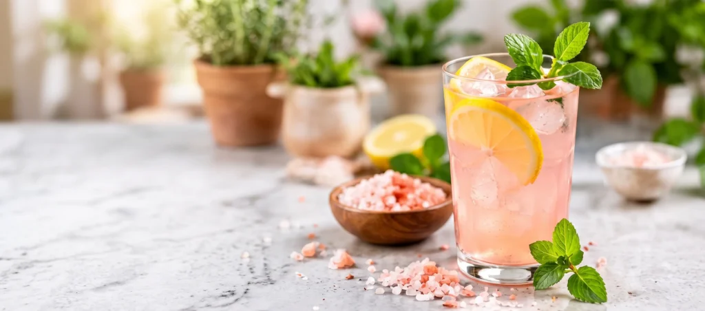 Pink salt trick recipe hero drink with lemon, pink Himalayan salt, and fresh mint