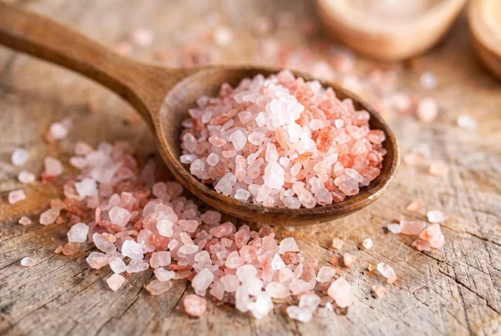 Wooden spoon filled with pink Himalayan salt crystals