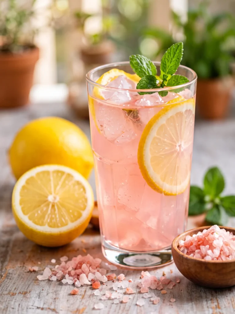 Quick and easy pink salt trick recipe served cold with lemon slices
