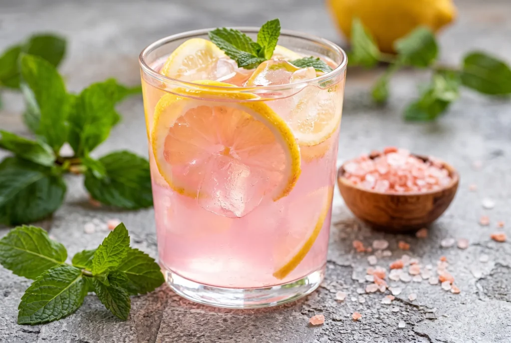 Glass of refreshing pink salt water with lemon and fresh herbs