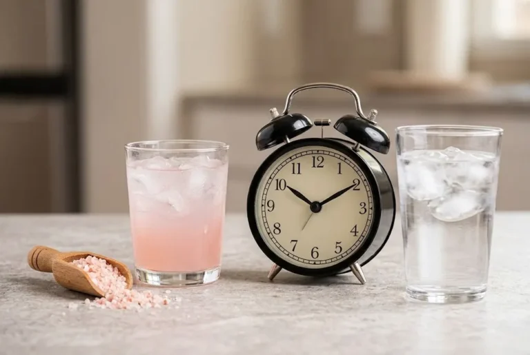 Alarm clock with glasses of pink salt water and scoop of salt