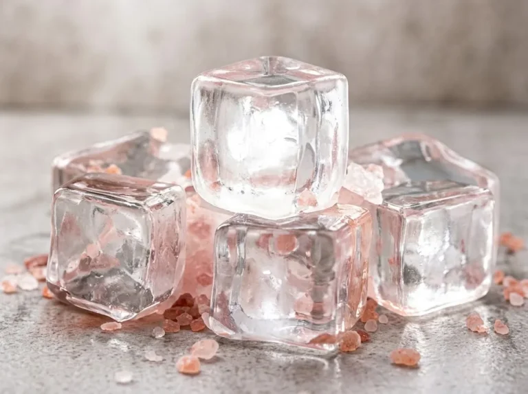 Pink salt ice trick recipe with clear ice cubes and pink salt